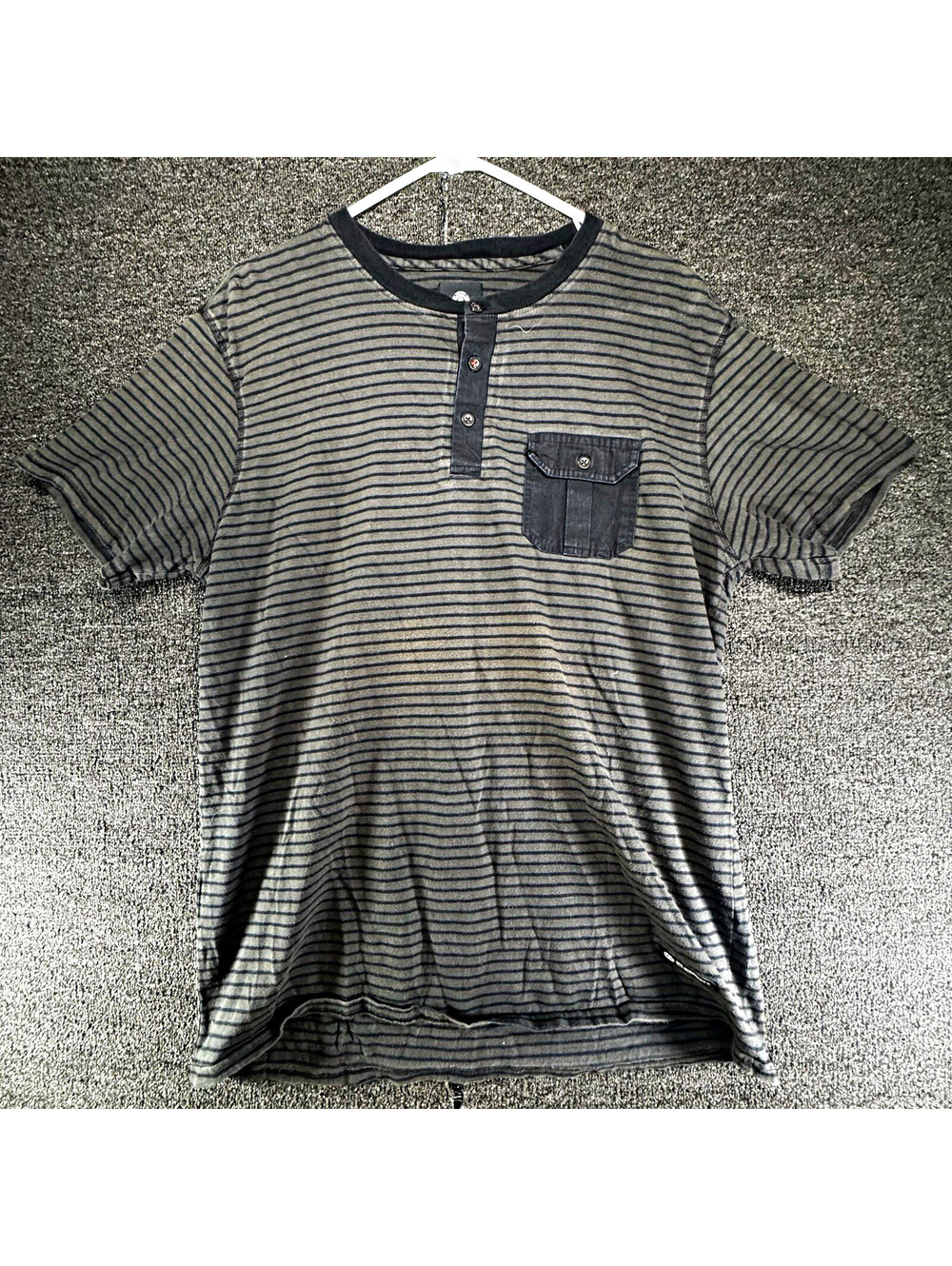 Element Men’s L Gray Black Striped Henley Pocket T-Shirt Short Sleeve Cotton